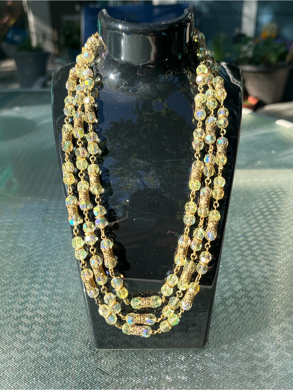 Mid century Gold-Tone Aurora Borealis Beaded Multi-Strand Necklace